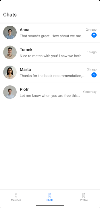 Chat list showing active conversations with matched friends
