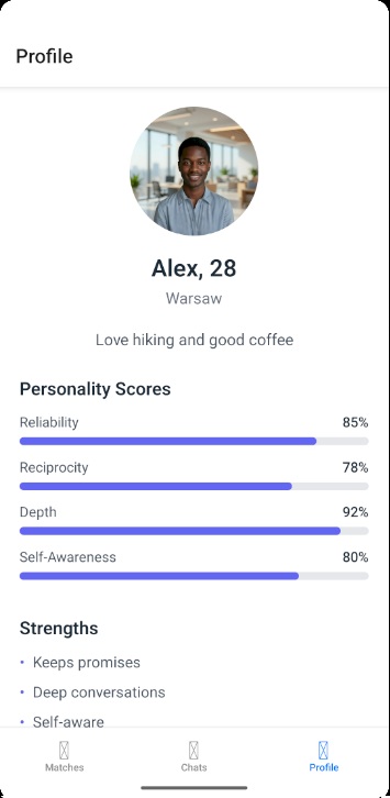 Profile screen showing personality scores and strengths